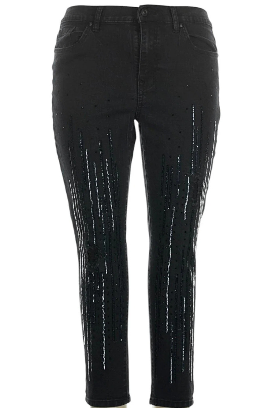 DG2 by Diane Gilman Women's Sequin Jewel Skinny Jean Black - Petite